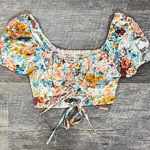 SHEIN pink and blue floral has style propped blouse top size medium M B161